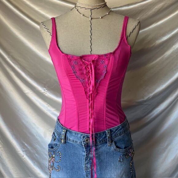 Rene Rofe Corset Bustier Top Hot Pink Faux Lace Up Purple Lace Trim - Picture 4 of 6